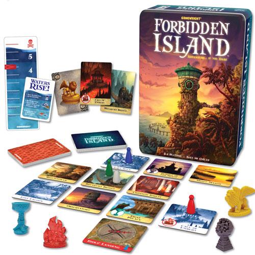 Forbidden Island board game with cards, tiles, pawns, and treasure figurines for adventurous teamwork and strategy.