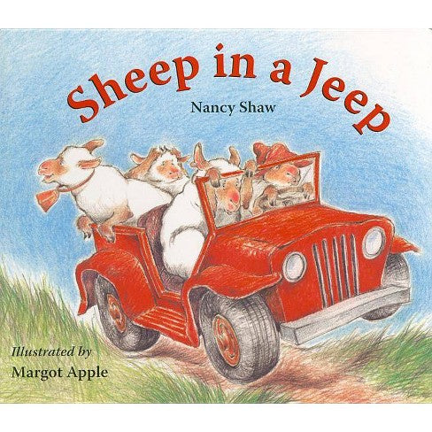 Sheep in a Jeep book cover showing playful sheep riding in a bright red jeep on a country road.