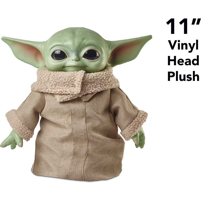 Star Wars The Child 11-inch vinyl head plush toy wearing a brown coat with large ears and big eyes.
