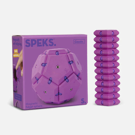 Geode Razzle magnetic fidget toy with 12 purple pentagons that snap and align perfectly for focus and desk decoration.
