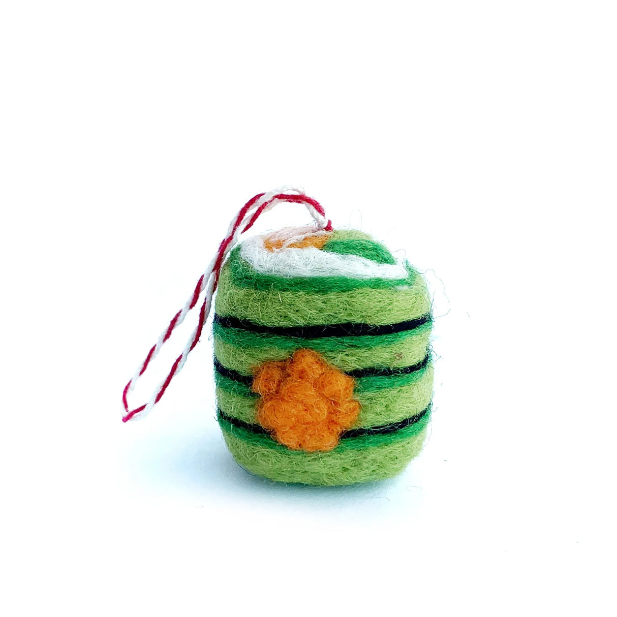 Sushi Felt Ornament made of colorful sheep wool, handcrafted in Nepal, featuring a green felt sushi roll with orange flower detail.
