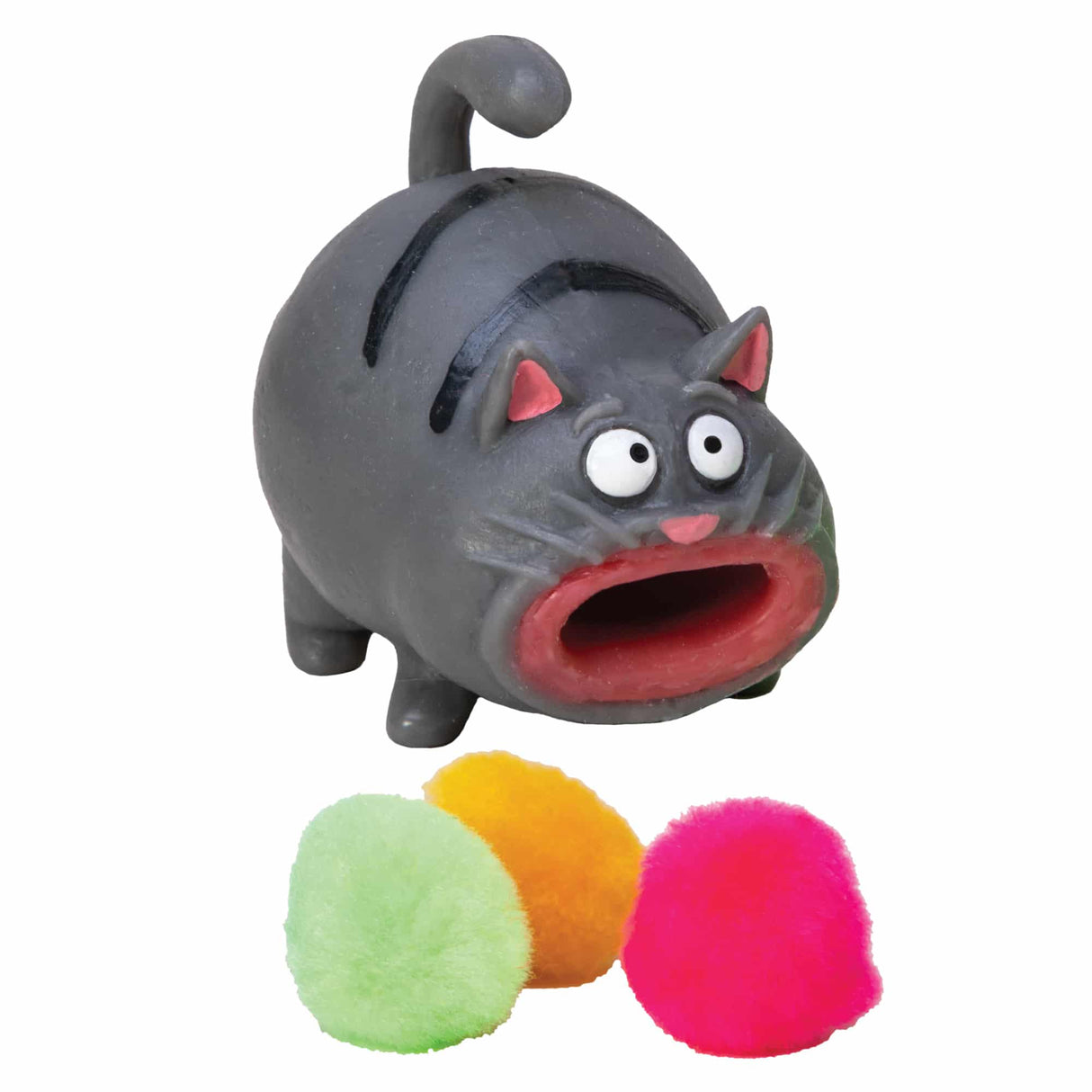 Hairball Kitty toy with wide mouth and three colorful pom pom hairballs for squeezing and shooting fun.