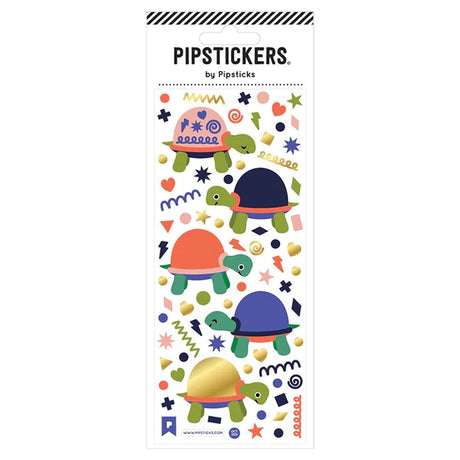 Turtley Awesome Stickers sheet with four colorful turtles and decorative gold foil accents on clear backing.