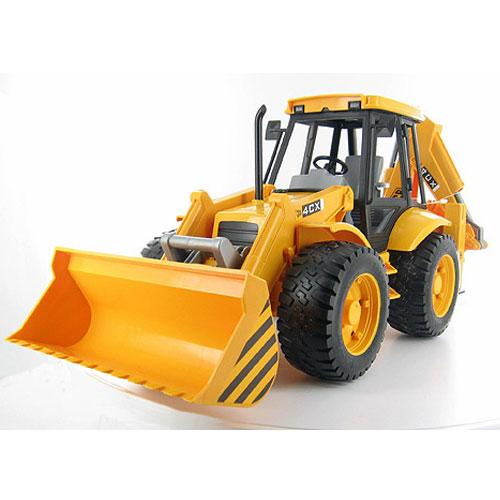 JCB 4CX Loader w. Backhoe toy with functional front loader, backhoe, swivel seat, stabilizer legs, and tread rubber tires.
