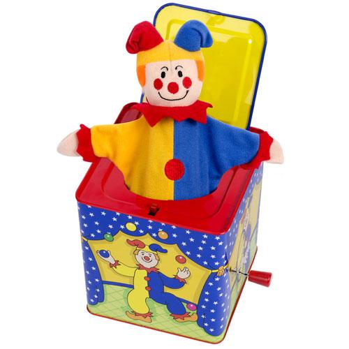 Jester Jack in the Box with colorful plush jester popping out of a classic metal box playing Pop Goes the Weasel.