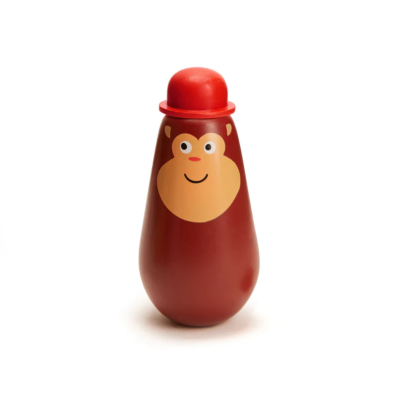 Squeezy Bubbles monkey design bubble toy with red hat and squeezable tummy for mess-free bubble fun.