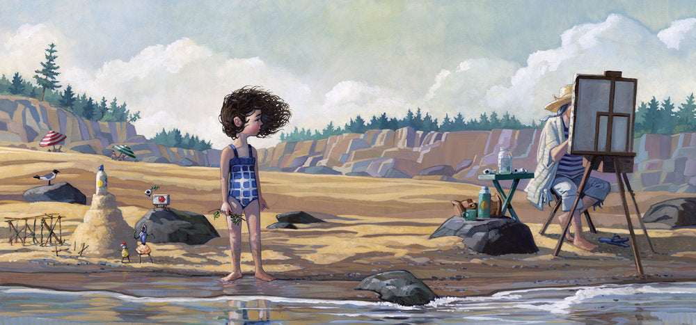 Hum and Swish depicts a thoughtful child at the beach focused on art with an artist painting nearby on a calm sandy shore.