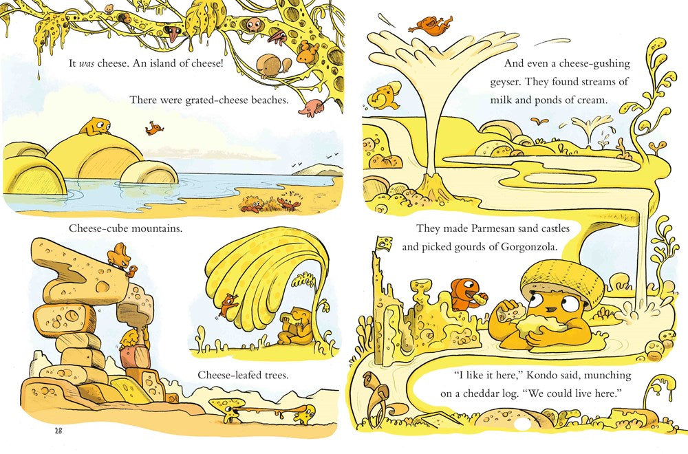 Kondo & Kezumi Visit Giant Island showing illustrated cheese mountains, trees, and whimsical creatures exploring a cheese island.