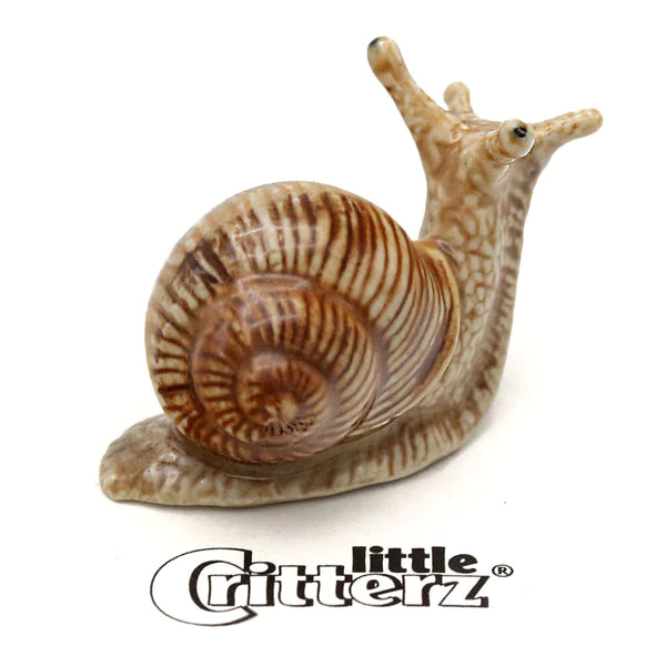 Critterz Garden Snail Helix miniature porcelain figurine with detailed hand-painted helix shell design.