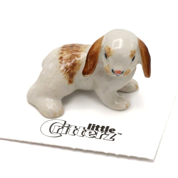 Critterz Brown & White Bunny Charlie miniature porcelain figurine with lop ears, handcrafted and hand painted.