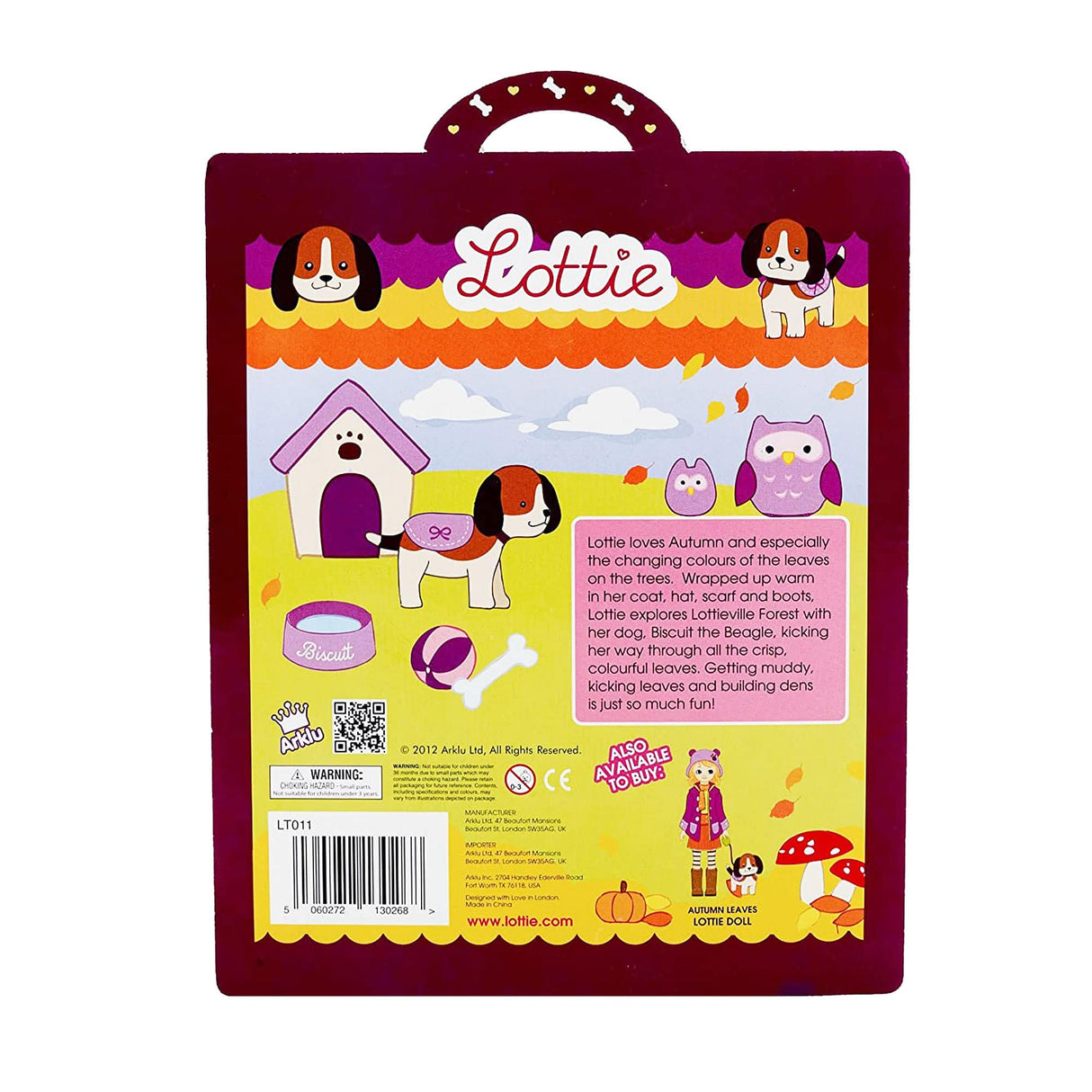 Packaging back of Lottie Biscuit the Beagle set showing doghouse, accessories, and colorful autumn design.