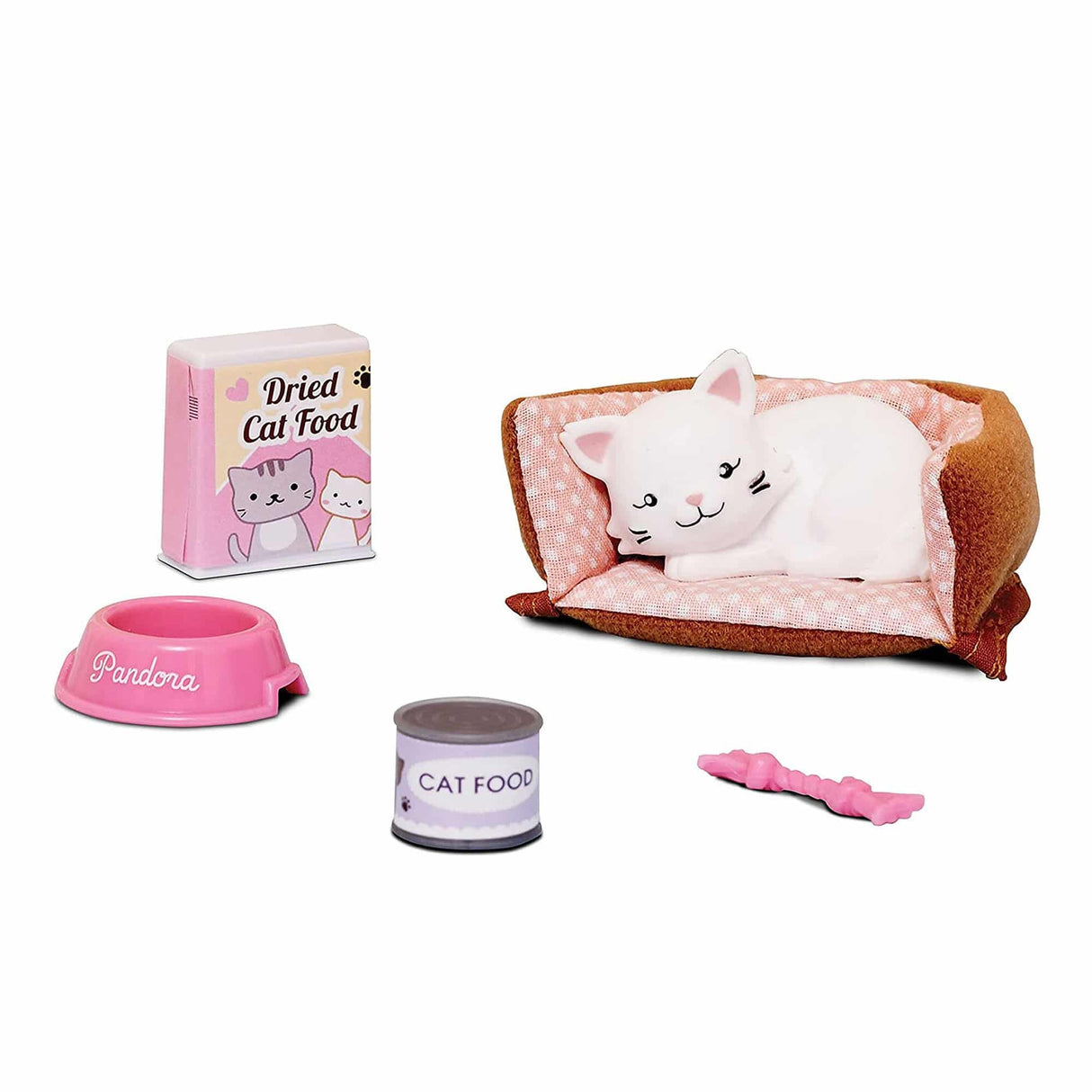 Lottie Pandora the Persian Cat set with white cat in bed, pink bowl, dried food, cat food tin, and toy bone accessory