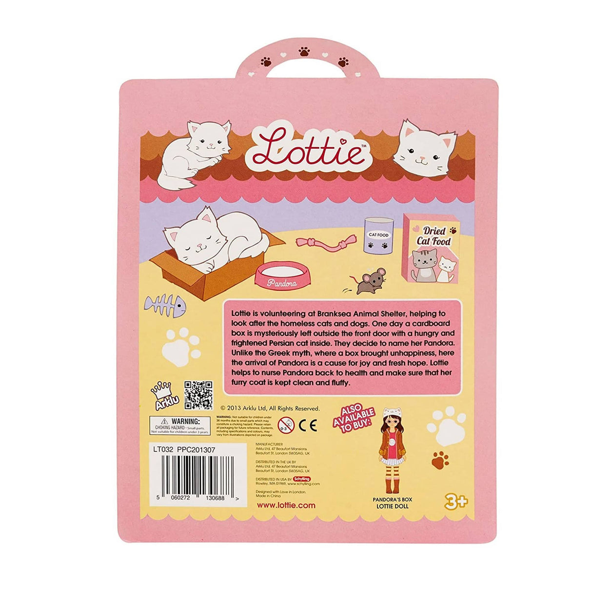 Lottie Pandora the Persian Cat set with cat, bed, tin of food, dried food box, milk bowl, and toy for ages 3 and up