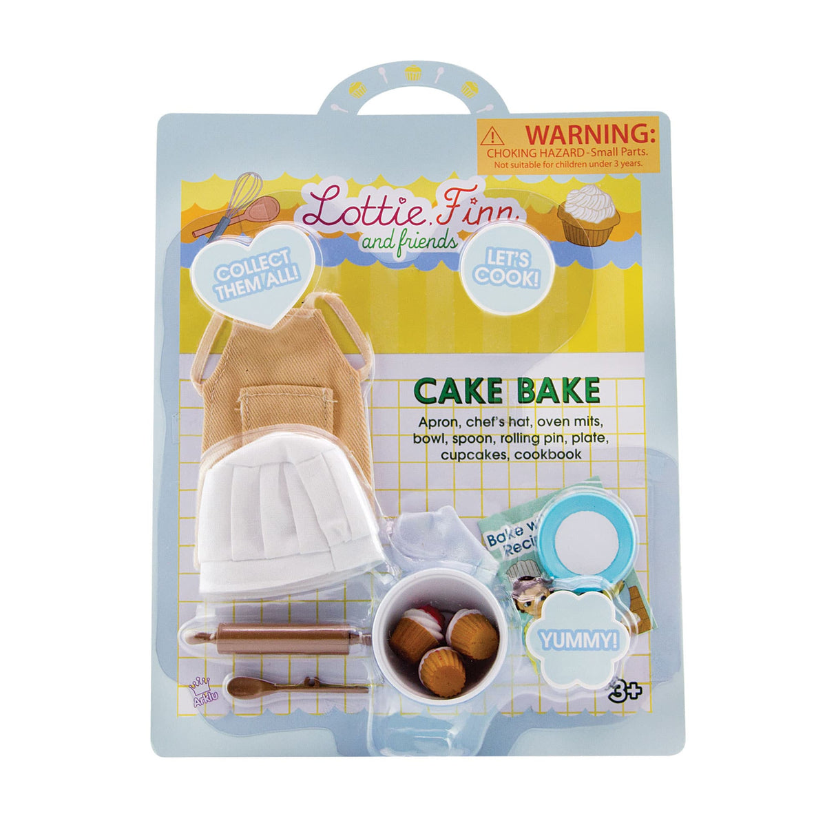 Lottie Cake Bake Outfit with chef hat, apron, oven mitts, bowl, rolling pin, spoon, plate, cupcakes, and recipe book.