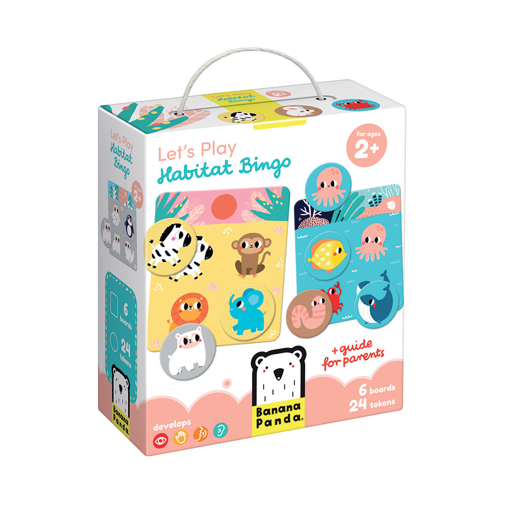 Colorful Habitat Bingo game box for ages 2+ with animal tokens and boards fostering learning and fun.
