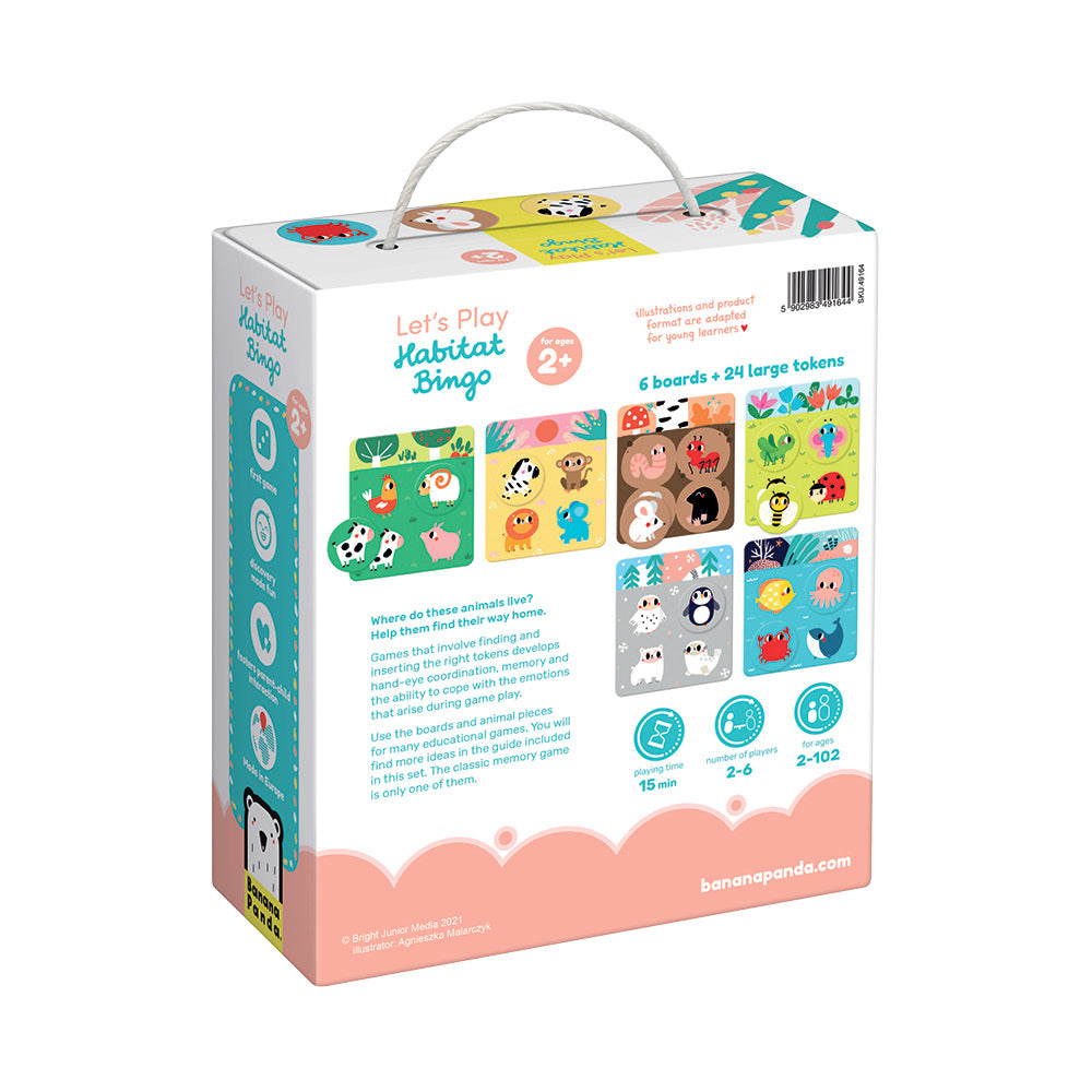 Habitat Bingo game box showing 6 animal boards and 24 large tokens for educational play ages 2 and up.