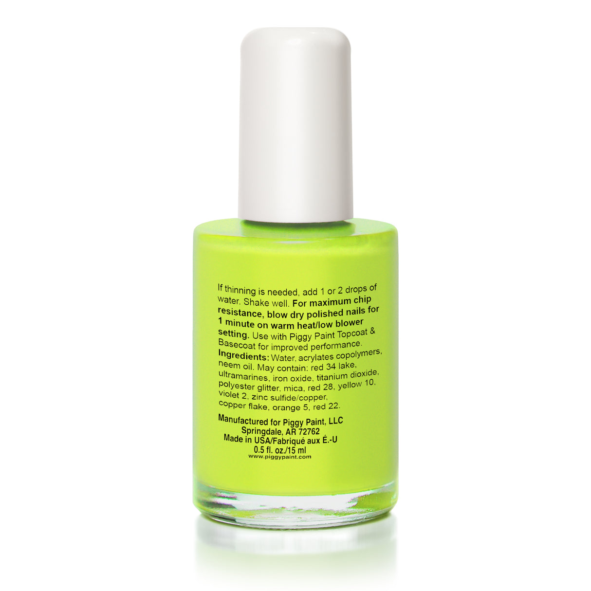 Bottle of Nail Polish Lime Time neon lime green color with white cap and product label on back side