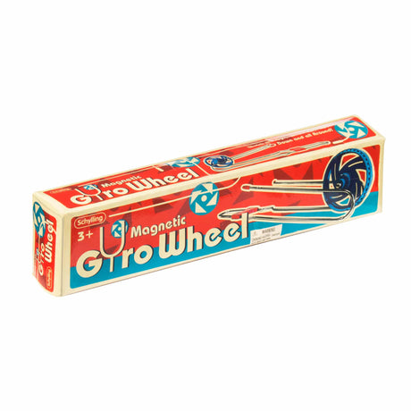 Vintage style packaging of the Magnetic Gyro Wheel toy showing colorful graphics and toy image on a rectangular box.