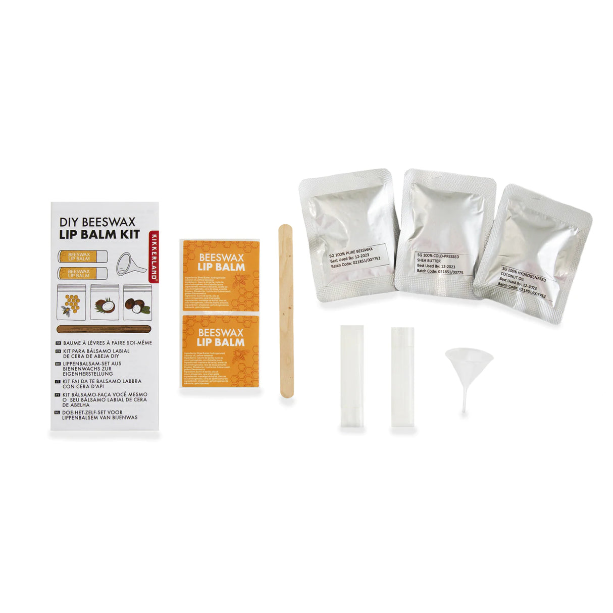 Beeswax Lip Balm Kit with tubes, wooden stick, mini funnel, stickers, shea butter, coconut oil, and pure beeswax ingredients.