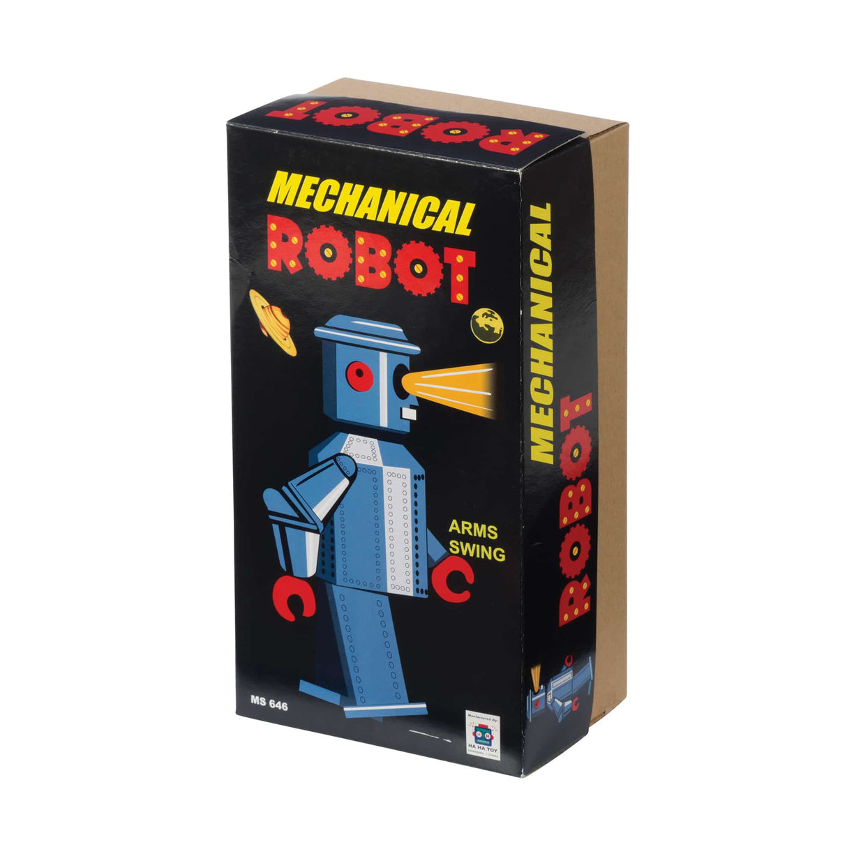Mechanical Robot collectible in black box featuring a blue wind-up robot with swinging arms and retro design.