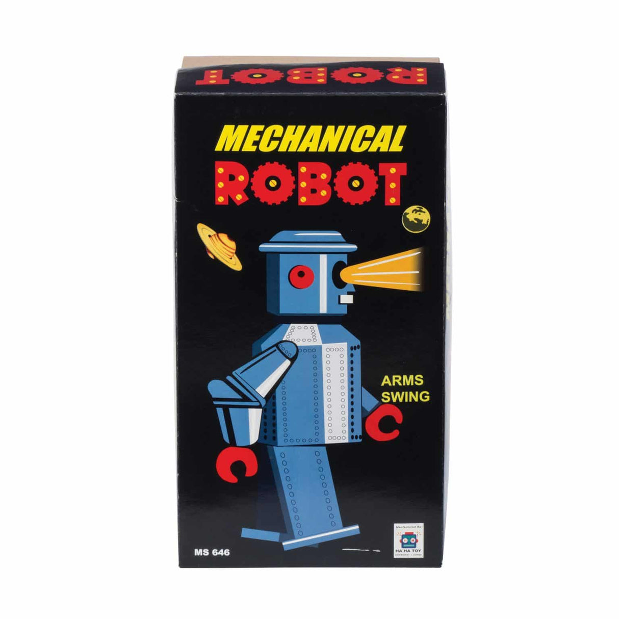 Mechanical Robot vintage wind-up toy box with blue robot illustration and text highlighting swinging arms feature.