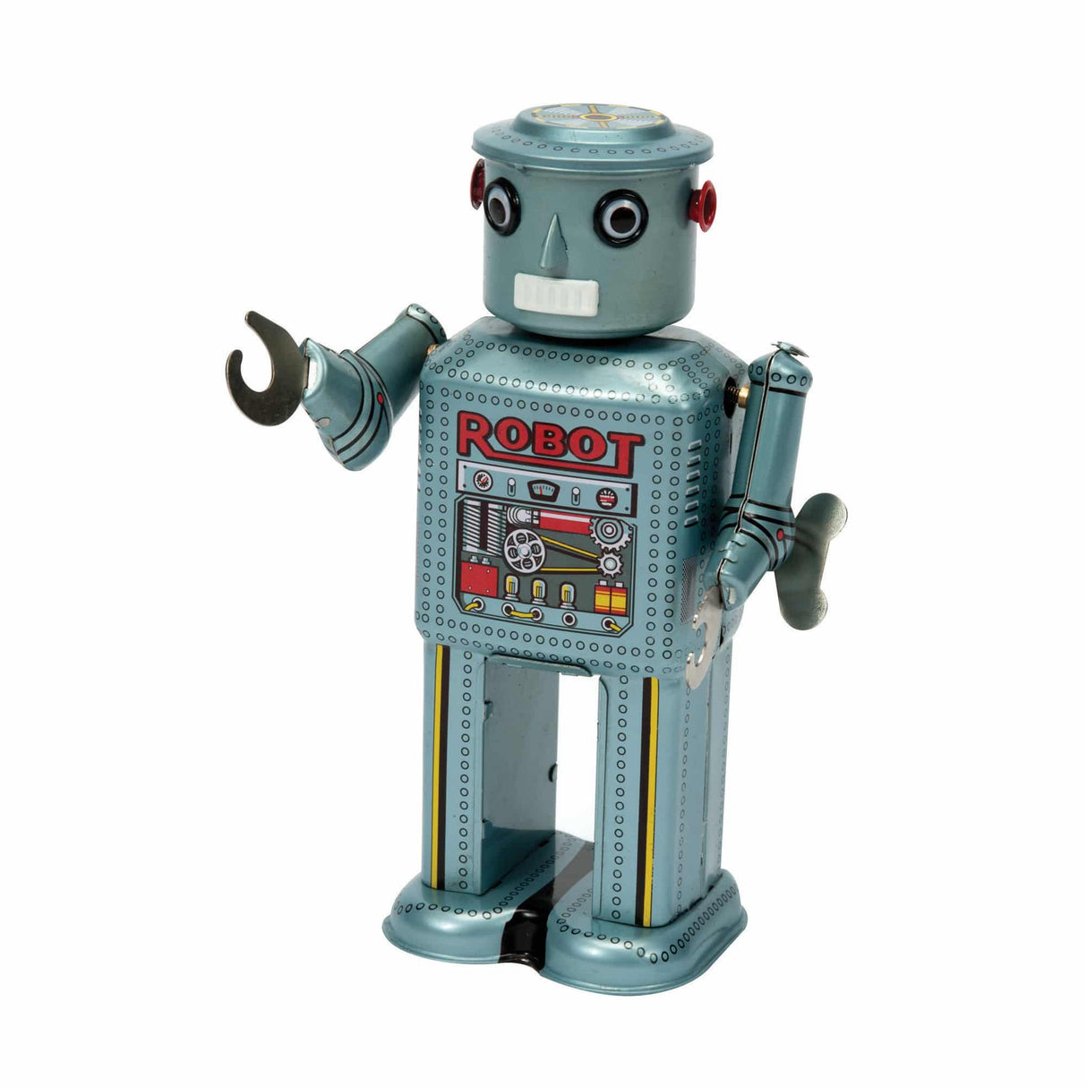 Mechanical Robot wind-up toy with swinging arms in vintage blue design, standing 8 inches tall for collectors.