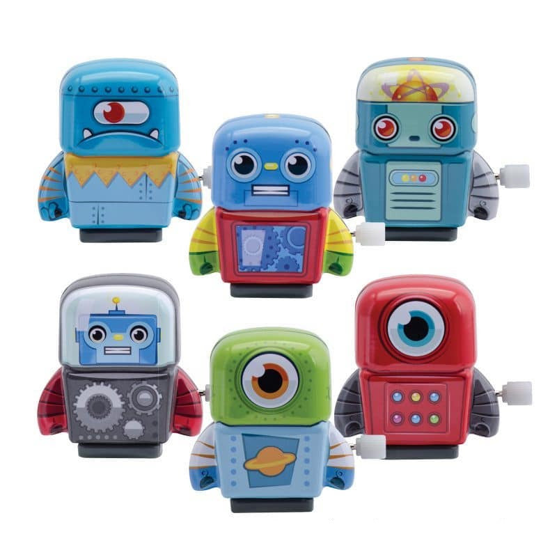 Wind Up Tin Robot in six colorful styles with different expressions, wind-up toy for kids ages 3 and up.