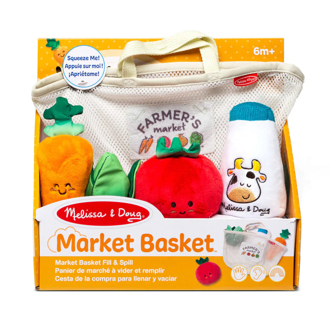 Fill & Spill Market Basket with mesh tote and plush squeaking carrot, rattling tomato, crinkling lettuce, and chime milk bottle.