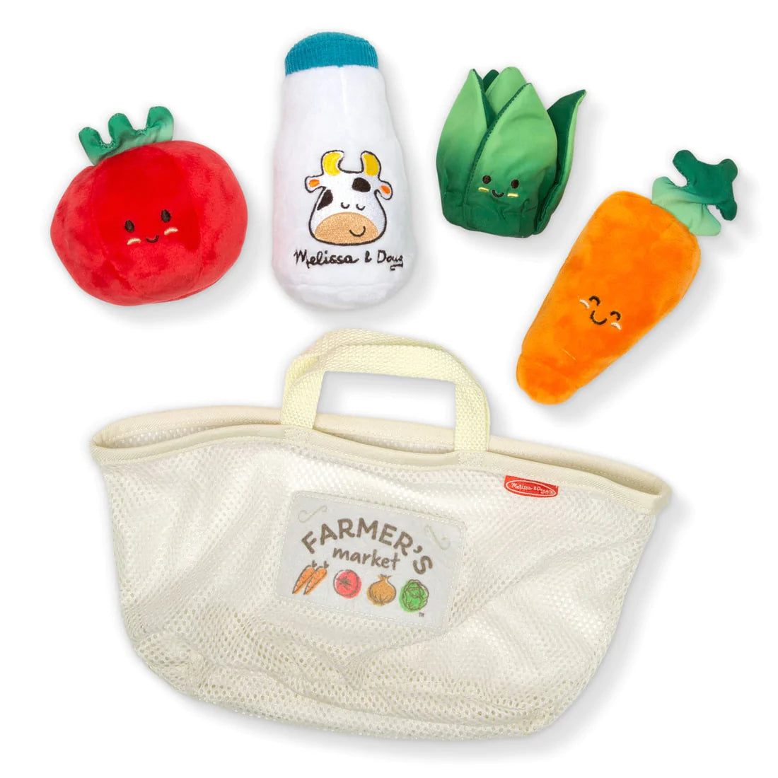 Fill & Spill Market Basket with plush squeaking carrot, chime milk bottle, crinkling lettuce, rattling tomato, and mesh tote.