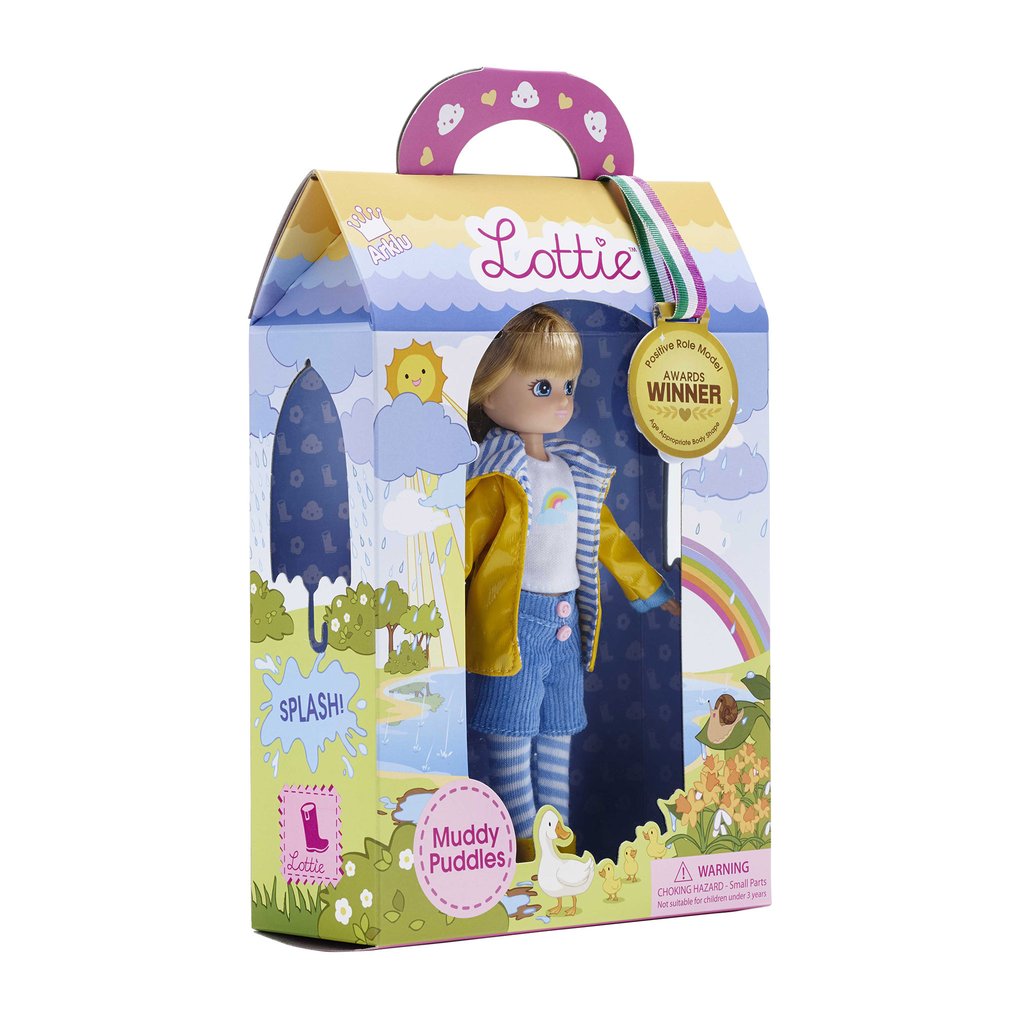 Lottie Muddy Puddles Doll in yellow raincoat and boots with striped leggings in colorful packaging.
