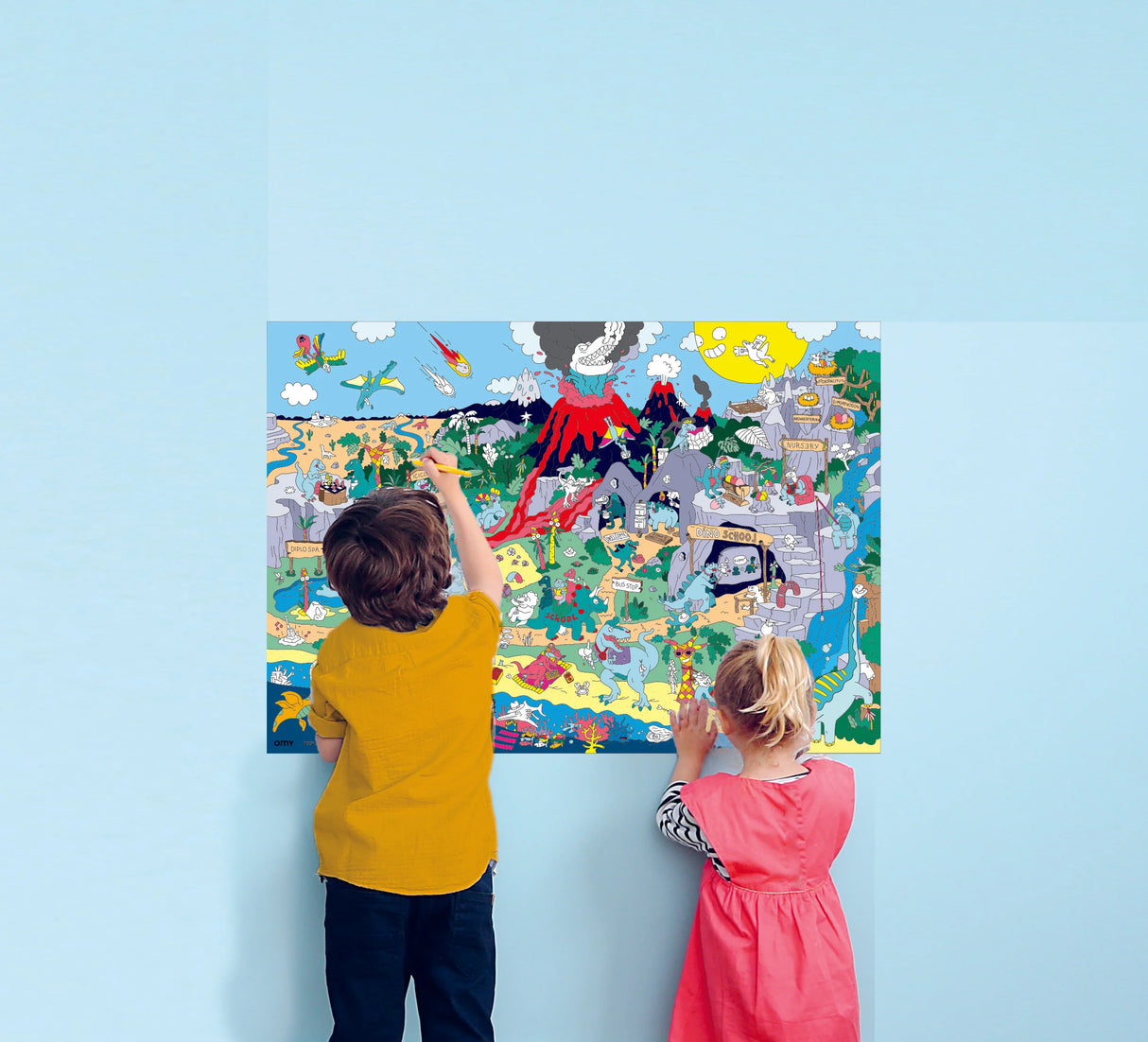 Children playing with Dinosaur Giant Sticker Poster featuring colorful dinosaur scene and over 100 stickers for creative fun.