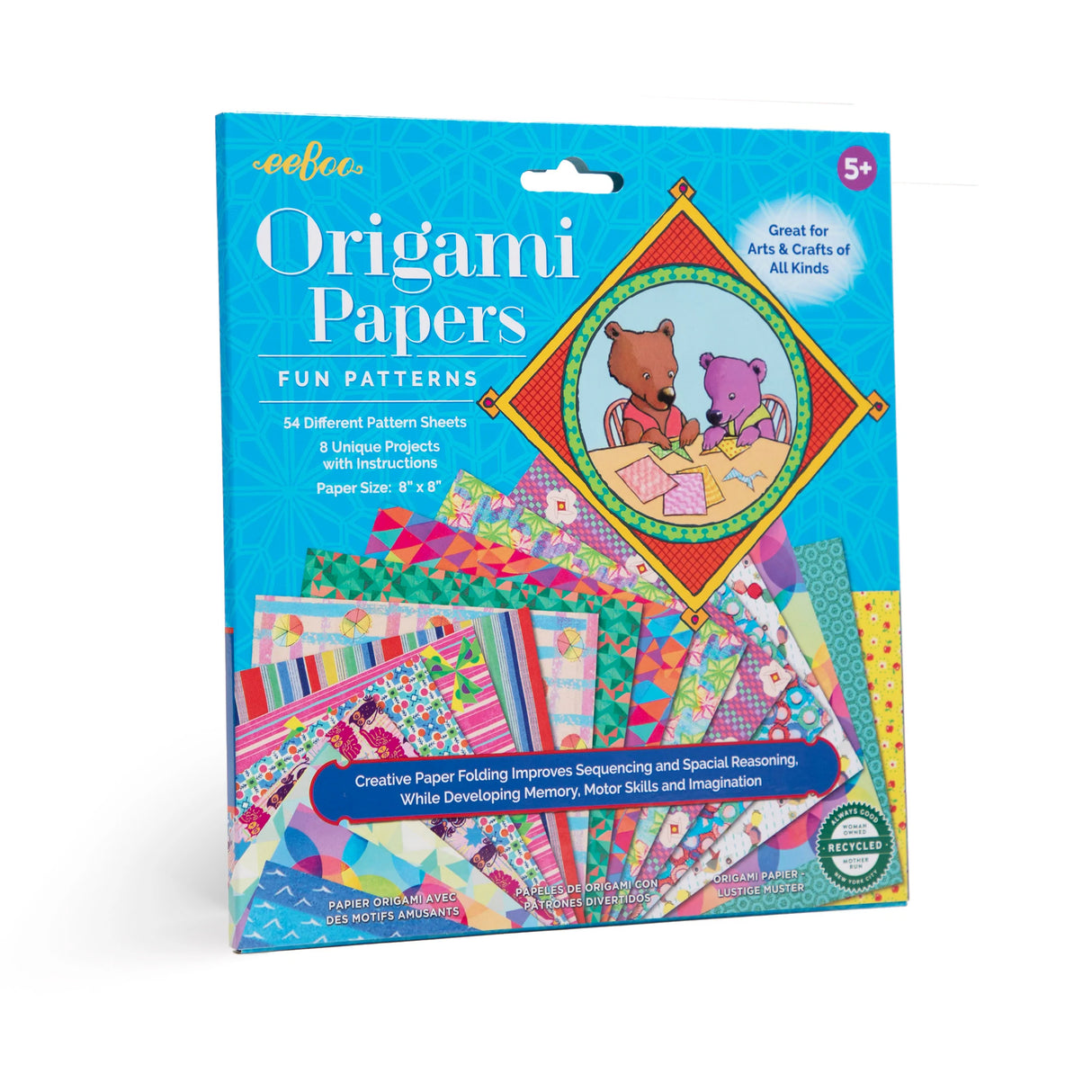Origami Paper Fun Pattern pack with 54 vibrant sheets and instructions, perfect for kids 5+ in 8x8 inch recycled paper.