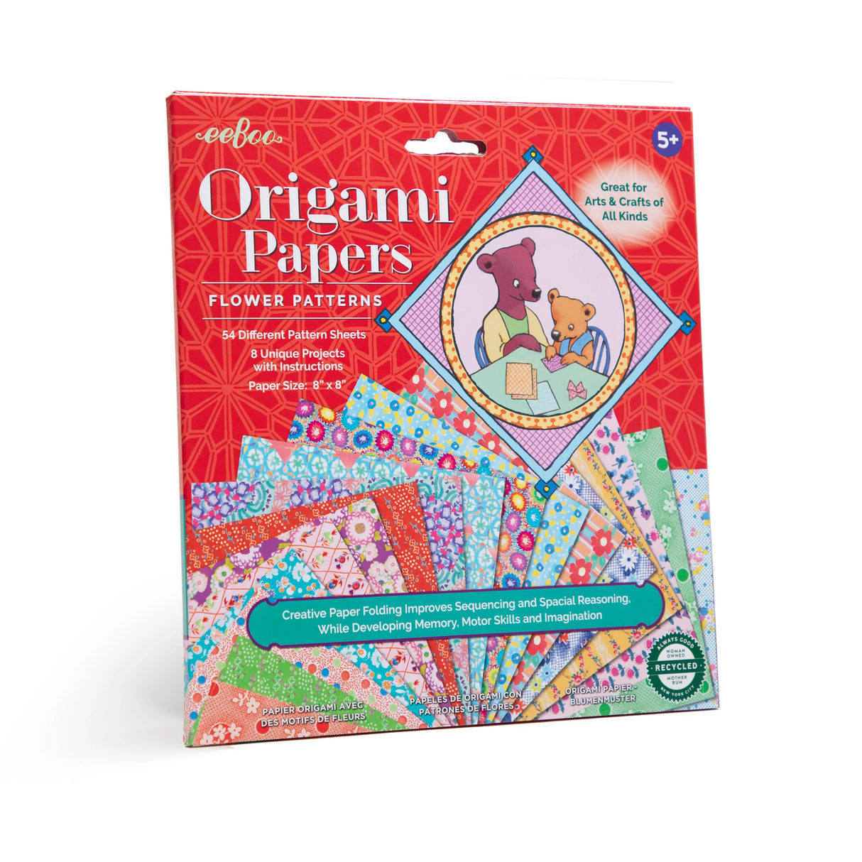 Origami Paper Flower Patterns set with 54 floral printed recycled 8x8 inch sheets and illustrated folding instructions.
