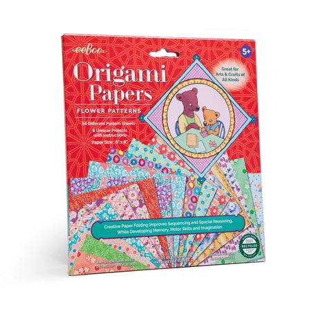 Origami Paper Flower Patterns set with 54 floral printed recycled 8x8 inch sheets and illustrated folding instructions.