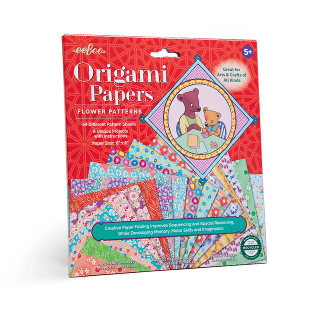 Origami Paper Flower Patterns set with 54 floral printed recycled 8x8 inch sheets and illustrated folding instructions.