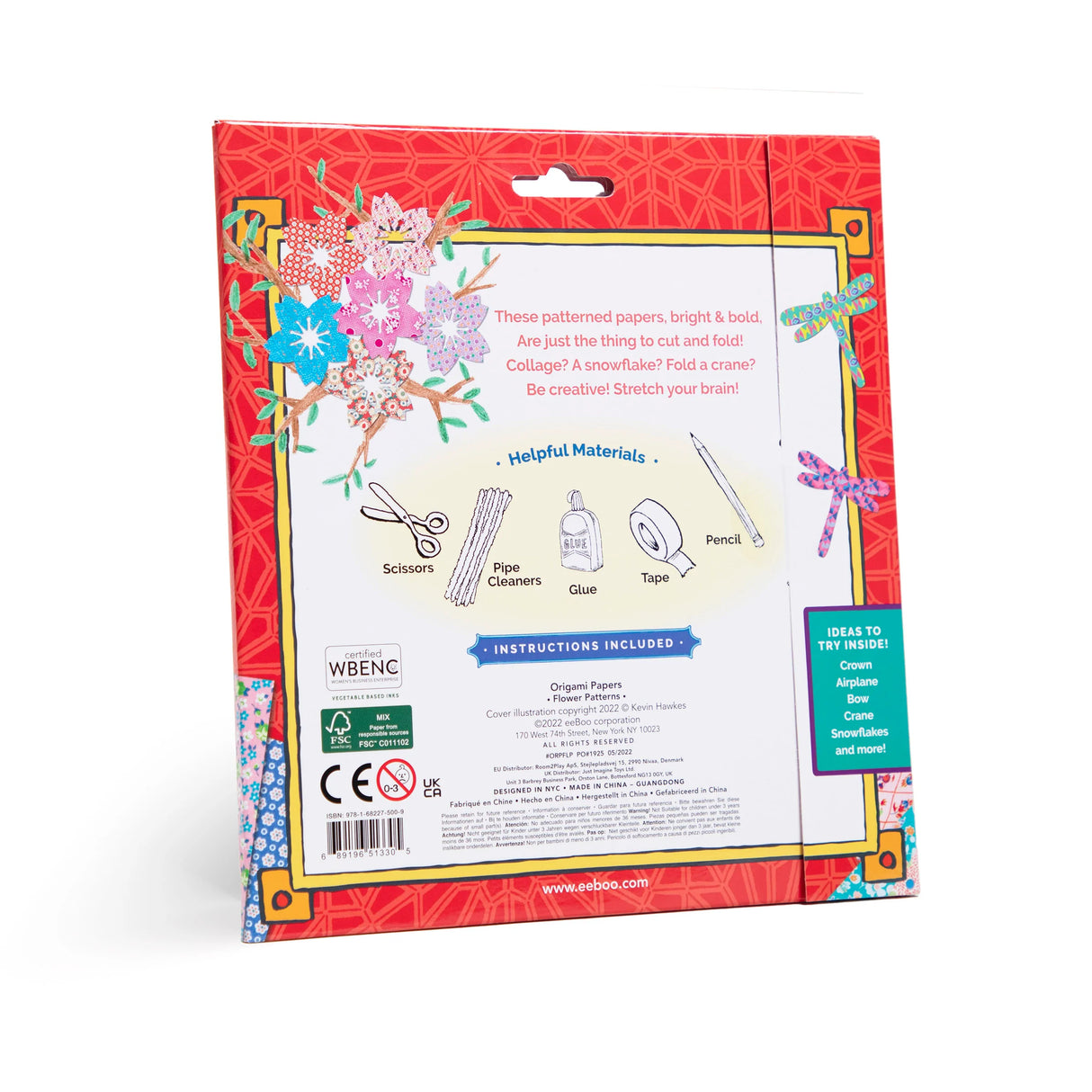 Origami Paper Flower Patterns pack showing the back with instructions and colorful floral origami paper designs.