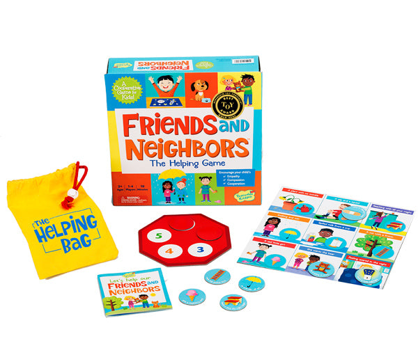 Friends & Neighbors game with tokens, boards, Helping Bag, and booklet teaching empathy and social-emotional skills for kids.