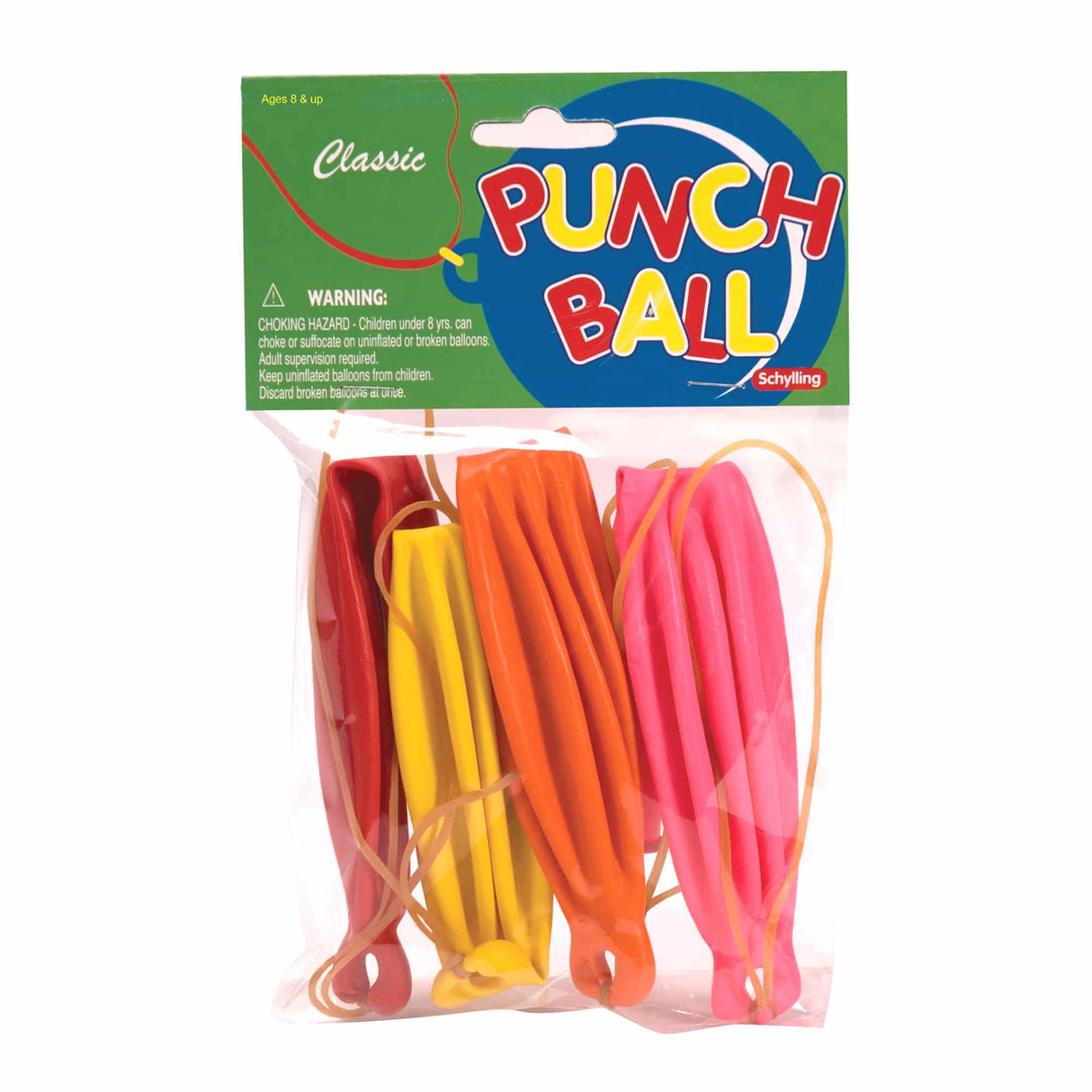 Punch Balloons pack of 4 classic colorful balloons, suitable for ages 3 and up, inflates to 16 inches for punching fun.
