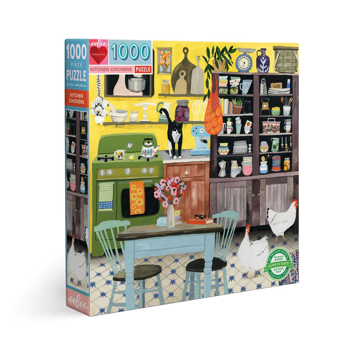 1000pc Kitchen Chickens Puzzle box showing a colorful country kitchen scene with chickens and a curious cat.