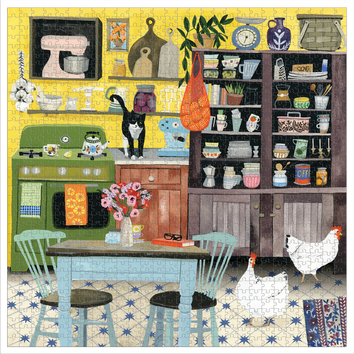 1000pc Kitchen Chickens Puzzle featuring a cozy kitchen with chickens, a black cat, shelves, and vintage kitchenware.