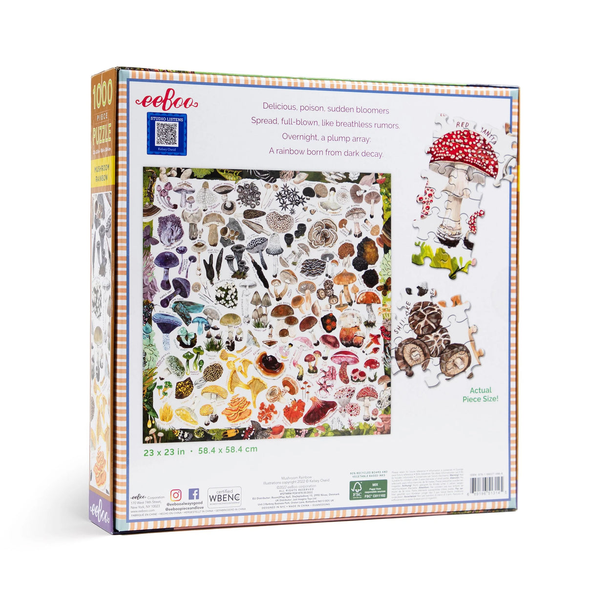 1000pc Mushroom Rainbow Puzzle box showing colorful fungi illustrations and puzzle pieces with a 23 by 23 inch size.