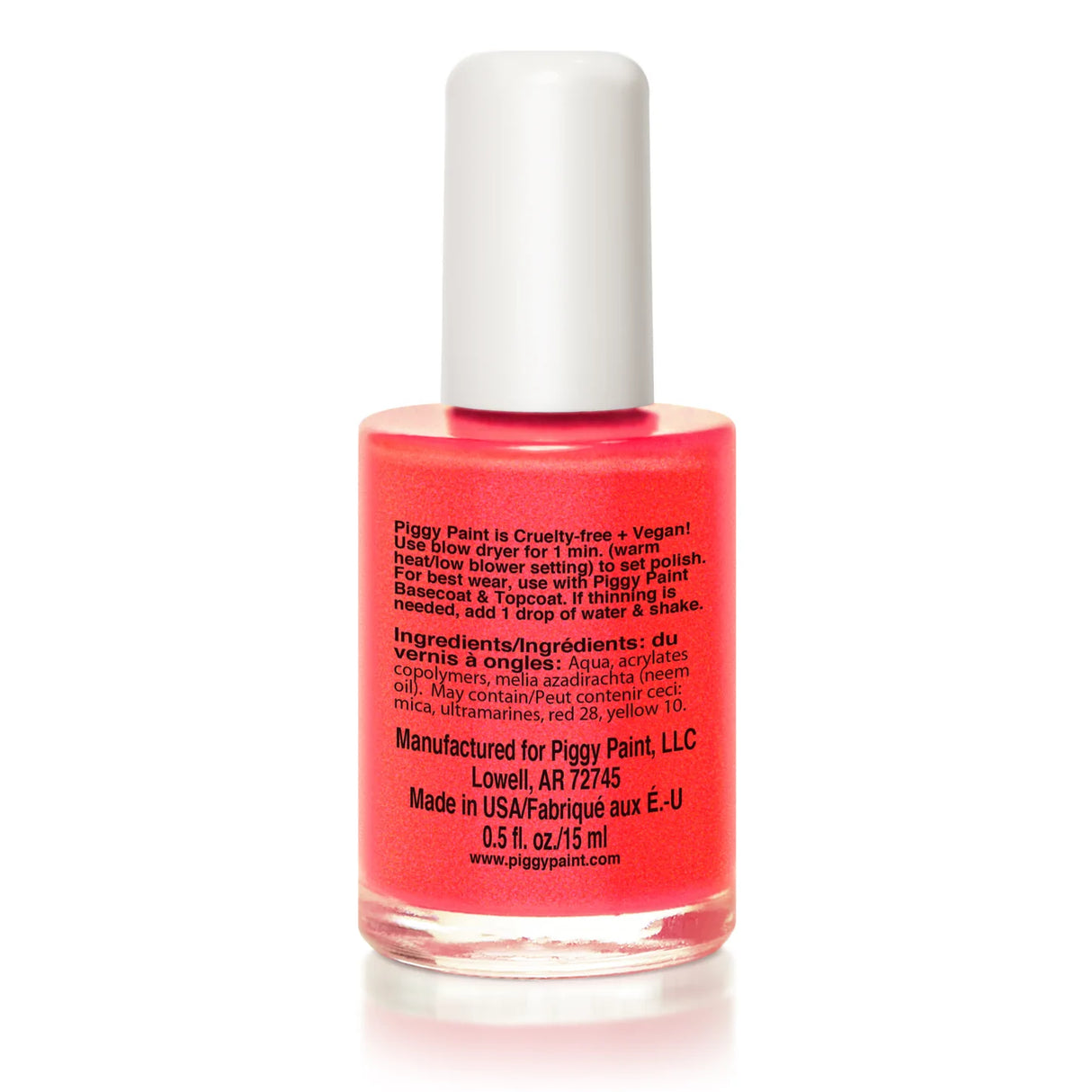 Nail Polish Drama by Piggy Paint, non-toxic, cruelty-free neon red orange polish with shimmer, safe for all ages.