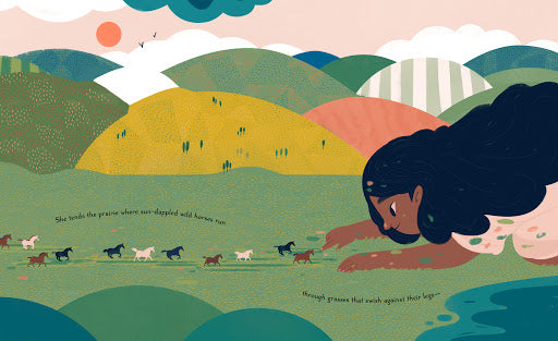 Illustration from My Friend Earth showing a girl observing horses running across colorful rolling hills.