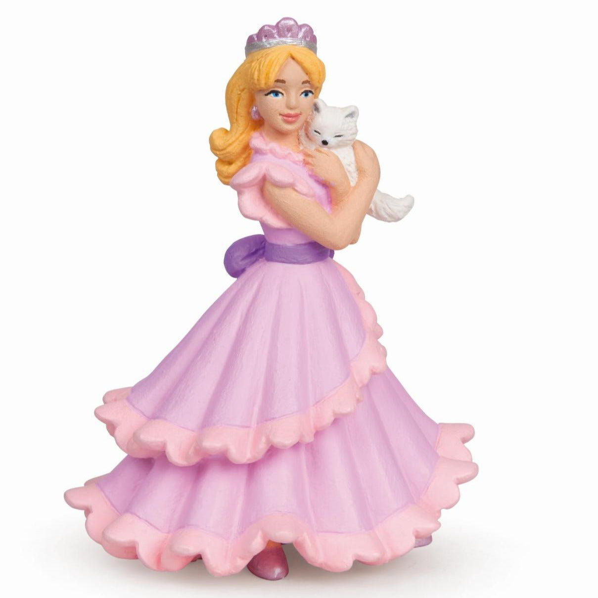 Princess Chloe figurine wearing a pink gown and tiara, holding a white cat, detailed enchanted world collectible toy.
