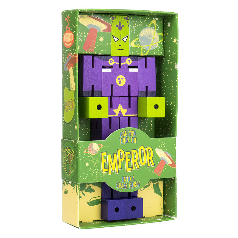 Puzzle Planet Emperor wooden brainteaser in packaging featuring a purple space emperor puzzle toy.