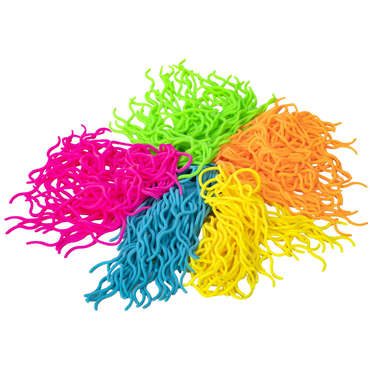 Ramen Noodlies in bright fluorescent colors yellow, blue, pink, green, and orange for stretchy sensory play.