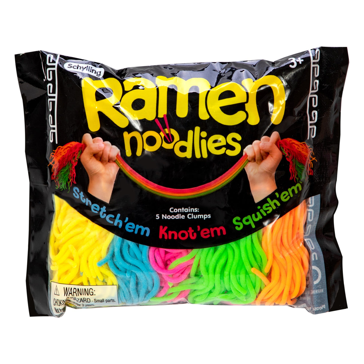 Ramen Noodlies colorful stretchy sensory noodles in five bright fluorescent colors for squeezing and playing.