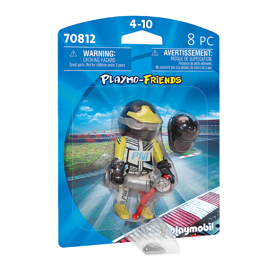 Playmo-Friends | Race Car Driver figure with helmet, gloves, and trophy in packaging for kids ages 4 to 10.