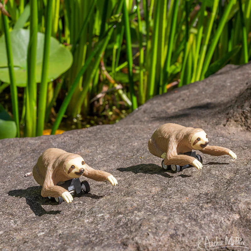 Two Racing Sloth toys made of soft vinyl on wheels set outdoors on a rock under sunlight.