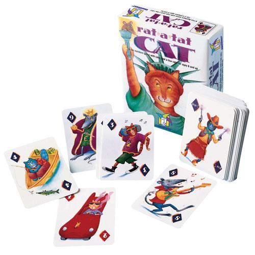 Rat-A-Tat Cat card game box and colorful illustrated cards featuring cats playing various roles and activities.